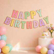 Pastel Letter Birthday Banner, Gold Shiny Edges, Happy Birthday Bunting Flags, Party Decor, Reusable, Party Background, Wall Decor For Various Celebrations - Multicolor - View 6