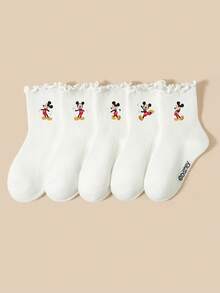 Disney Socks/Mickey Mouse 5 Pairs All-Season Kids Ruffled Edge School Socks, Simple Playful Cartoon Mickey Mouse Pattern Decoration, Fashionable Personalized Soft Breathable Comfortable Moisture-Wicking Odor-Resistant Sports Socks/Ruffled Mid-Calf Socks, Casual Versatile Suitable For Travel/School Wear/Daily Wear/Sports Wear - Multicolor - View 6