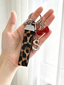 26 Alphabet Car Keychains, Silver Letter Zinc Alloy Accessories, Leopard Print Cherry Pendant, PU Rope Car Lock Key Fob, Car Remote Control Hanging Decoration, Bag Decoration Pendant, Car Key Ring, Key Chain Key Accessories. Holiday Gift, - Letter - View 36