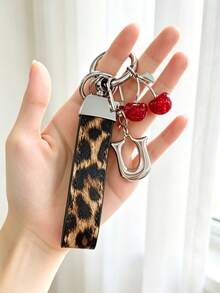 26 Alphabet Car Keychains, Silver Letter Zinc Alloy Accessories, Leopard Print Cherry Pendant, PU Rope Car Lock Key Fob, Car Remote Control Hanging Decoration, Bag Decoration Pendant, Car Key Ring, Key Chain Key Accessories. Holiday Gift, - Letter - View 34