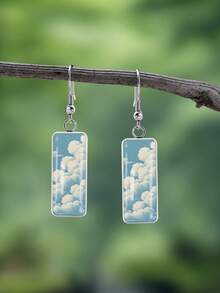 YUJUGLOW 1 Pair Healing Cartoon Style Clear Sky & Cloud Pattern 316 Stainless Steel Long Bar Earrings, Suitable For Women's Daily Wear - Baby Blue - View 7