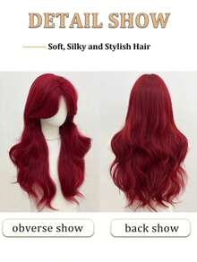 28 Inch Wine Red Long Body Wavy Synthetic Wig, Side Part Curly Wig With Face‑Framing Bangs, Heat Resistant Fake Hair For Women Daily Party Cosplay Use - Multicolor - View 5