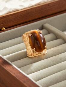 1pc Fashion Versatile Vintage Brushed Geometric Wide Band Tie Dye Maillard Open Ring, Suitable For Women's Daily And Holiday Wear - Brown - View 3