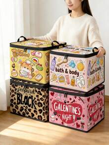 Multi-Size, Multi-Pattern Optional Food Cat Grooming Supplies Leopard Print Valentine's Day Heart & Text Foldable Storage Box, Zippered Handheld Storage Bin, Upgraded Fabric Large Capacity Organizer Box, Suitable For Wardrobe, Dormitory, Under Bed Storage, Organizing Clothes, Bedding, Toys, Miscellaneous Items, Home Moving Organization Storage Box - Multi-color - View 2