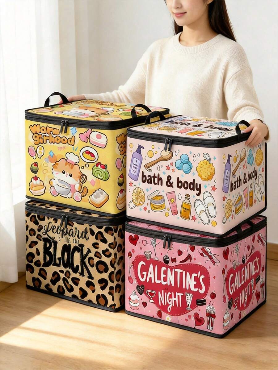 Multi-Size, Multi-Pattern Optional Food Cat Grooming Supplies Leopard Print Valentine's Day Heart & Text Foldable Storage Box, Zippered Handheld Storage Bin, Upgraded Fabric Large Capacity Organizer Box, Suitable For Wardrobe, Dormitory, Under Bed Storage, Organizing Clothes, Bedding, Toys, Miscellaneous Items, Home Moving Organization Storage Box