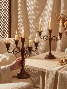1Pc Retro Carved Alloy Candelabra, Imitation Wood‑Grain 3/5 Arms Candle Stick Holder, Centerpiece For Dining Table, Wedding, Ramadan, Party Home Ornament. - Classic - View 2