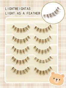 5 Pairs Brown Natural Long Fluffy Curly 3D Transparent Stem Faux Eyelashes, Comfortable Lightweight One-Piece Soft Fiber Korean Style Sweet Big Eye Lashes - Brown - View 2