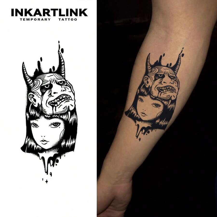 INKARTLINK 1PC Ink Drop Demon Dark Girl Temporary Tattoo Sticker, Waterproof Body Art Tattoo Sticker, Lasts 2-5 Days, Water Transfer Color Tattoo Sticker, Suitable For Men And Women, Must-Have For People, Essential Decoration For Parties, Holiday Celebration Body Decoration