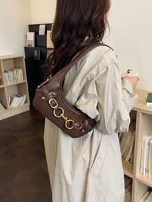 Classic Curved Body Metal Chain Decor Vintage Texture Shoulder Bag, Integrated Handbag Strap, Can Be Worn Underarm, Zipper Closure, Moderate Capacity Can Store Basic Personal Items, Unique Design Suitable For Daily Outings, Easily Enhance Overall Outfit Atmosphere - Coffee Brown - View 5