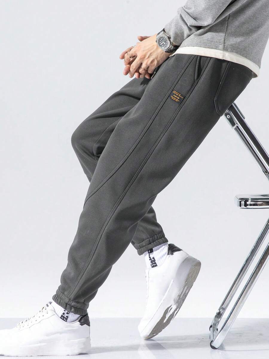 Men Pocket Letter Graphic Drawstring Waist Casual Jogger Sweatpants, For Daily Wear, Emo, 2000s Style - Dark Grey - View 1