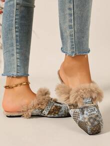 2026 Autumn/Winter Vintage Women's Closed-Toe Mule Slippers, Jacquard Fabric Faux Fur With Rhinestone Decor, Slip-On Warm Non-Chafing, Home Commute Daily Streetwear - Brownish Green - View 5