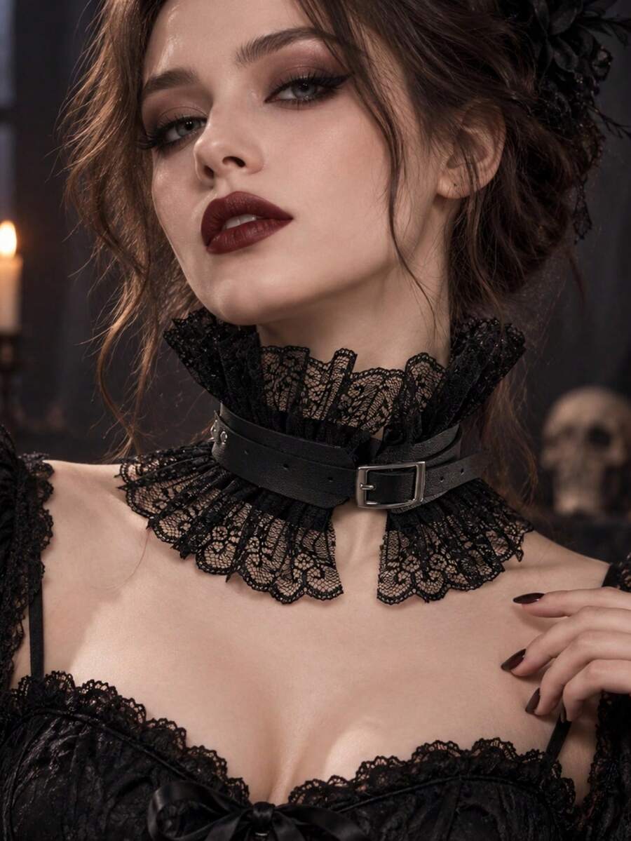 1pc Gothic Black Lace Choker Necklace With Buckle, Victorian Vintage Ruffle Neck Decoration Adjustable, Witch Vampire Halloween Cosplay Costume Party Accessory - Neck Decoration - View 1
