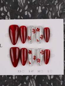 10pcs Oval Amber Cat's Eye Handmade Press-On Nails, Red Cat-Eye Nail Tips With Hand-Painted Flower Patterns Design, Suitable For Daily And Festive Wear, Reusable, Suitable For Women And Girls, Cute Press-On Nails,Fall Autumn Nails - Redwood - View 4