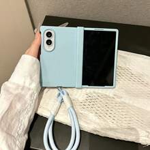 Luxury Sky Blue Smooth Phone Case With Portable Strap Compatible With Samsung Galaxy Z Fold 8 Wide Fold8 Back Cover,Folding Flip Phone Case, Drop-Proof Protective Case - Baby Blue - View 2