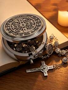 2pcs/Set Vintage Silver St. Benedict Metal Rosary Set With St. Benedict Medal Stainless Steel Storage Box, Crucifix, Catholic Cross Rosary, Religious Gift Set For Baptism, First Communion, Daily Prayer, Worship, Faith Accessory, Ideal Gift For Baptism, First Communion, Holidays - Antique Silver - View 6