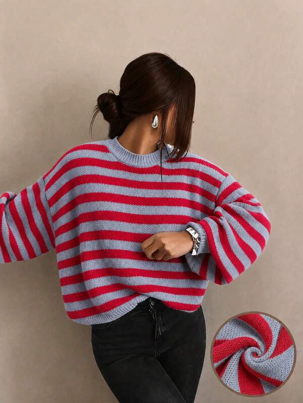 Women's Autumn/Winter Valentine's Day Cute Casual Red & Gray Contrast Color Striped Pattern Loose Round Neck Long Sleeve Sweater, Basic Sweater, Business Casual Women's Clothing, Autumn Top, Autumn Sweater, Women's Winter Clothing, Women's Autumn/Winter Clothing