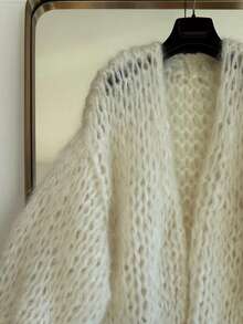 GLAMMY Minimalist Slouchy Chunky Knit Hollow Out Spring/Autumn French Relaxed V-Neck Lantern Sleeve Chunky Knit Hollow Out Design Daily Street Commute Versatile Slouchy Outerwear Solid Color Ribbed Home - Beige - View 6