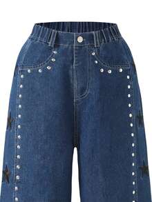 Tween Girls Blue Denim Jeans, Fashion Street Casual Style, Side Star Embroidery & Rhinestone Craft, Loose Straight Leg Wide Leg Pants, Suitable For Spring, Summer, Autumn, Winter - Blue - View 4