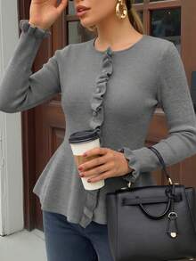 Women's Autumn/Winter Solid Color Frill Trim Cinched Waist Knit Cardigan, Slim Fit A-Line Hem Long Sleeve Base Layer Top - Grey - View 8