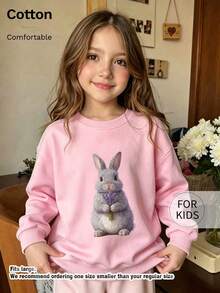 Kids Cotton Long Sleeve Crew Neck Sweatshirt With Cute Grey Rabbit Holding Lavender Graphic Print Casual Pullover For Kids - Pink - View 3
