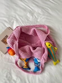 Colorful Fabric Tote Bag With Fish Plush Doll Decor, Large Capacity For Beach Essentials, Open Top Closure, Vacation Mori Style, Women's Woven Tote Bag, Suitable For Beach Trips, Daily Shopping, Casual Vibe For Girls - Pink - View 7