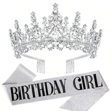 Princess Birthday Girl Crown Tiara Sash Rhinestone Crystal Crown Glitter Sash For Girls Birthday Party Headband Hair Accessories - Multicolor - View 15