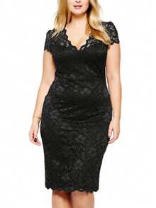 Solid Color Lace Short Sleeve Cute Plus Size V-Neck Dress - Black - View 3
