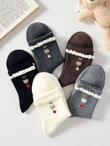 4 Pairs Women's Cute Sweet Breathable Bear Bow Cherry Pattern Short Socks, White Black Casual Comfortable Mid-Calf Socks, School Style Student Socks Gift, Random Color, Suitable For Daily Wear, Spring Summer Autumn Winter All Seasons - Multicolor - View 6