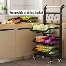 Foldable Carbon Steel 3-Tier Storage Trolley on Wheels - Wire Basket Vegetable Rack, Tiered Fruit Bowl, Kitchen Storage Cart, Slim Gap Organizer, Multi-Purpose Rolling Rack - Gris Claro - Ver 4