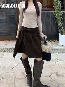 Women's Solid Color Korean Style A-Line Skirt, High-End Elegant - Brown - View 5