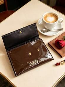 Yves Saint Laurent YSL Dark Brown Patent Leather Cosmetic Bag, Snap Button Flap Makeup Pouch With Metal Logo Plate, Multi‑Functional Beauty Storage Pouch, Ideal For Personal Use Or As A Beauty Gift - Rust Brown - View 3