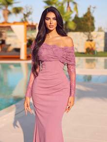 Faeriesty Gaun Mermaid Wanita Warna Pink dengan Leher Asimetris, Lengan Panjang, dan Detail Renda Kontras, Cocok untuk Acara Prom atau Formal - Dusty Pink - View 6