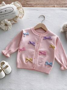 Girls' Gentle Style Pink Knitted Cardigan, 3D Macaron Colorful Bow Ruffle Sleeve Children's Jacket - Pink - View 2