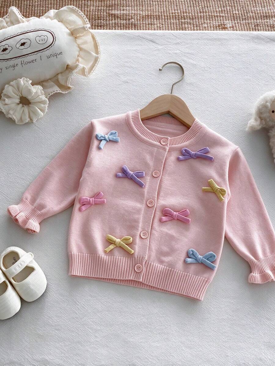 Girls' Gentle Style Pink Knitted Cardigan, 3D Macaron Colorful Bow Ruffle Sleeve Children's Jacket - Pink - View 1