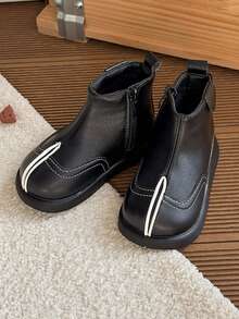 Unisex Kids' Vintage Colorblock Ankle Boots, Autumn/Winter Versatile British Style Side Zipper Fashion Boots - Black - View 3