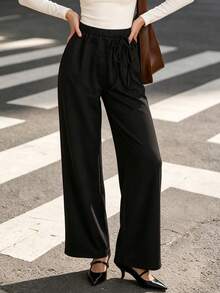 Fall Women Elastic High Waist Wide Leg Pants, Front Drawstring Loose Casual Trousers With Pockets - Black - View 1