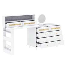 Dressing Table With Jewelry Box And Mirror, 10 Drawers, Tempered Glass Top And Rattan Decoration, Large Vanity With Ample Storage Space, 105 * 50 * 108 Cm, White, For Bedroom And Dressing Room - White - View 6