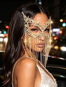 1pc Sexy Rhinestone Tassel Mask, Mysterious Party Dress Accessory For Women, Nightclub Dance Party - Gold - View 4