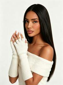 1 Pair Women's Open Finger Knitted Warm Solid Color Casual Performance Gloves Student Writing Long Arm Sleeves - A - View 9