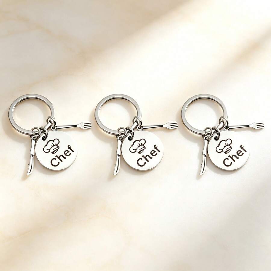 1 Set 3pcs Unisex Hot Chef Stainless Steel Keychain Personalized Knife & Fork Accessories Chef Gift Backpack Pendant - Silver - View 1