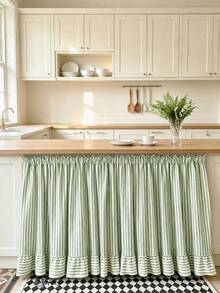 1pc Minimalist Retro Green & White Striped Table Skirt, Ruffle Edge Lightweight Half-Curtain To Hide Cabinet Clutter, Suitable For Entryway Cabinet, Window Sill, Sideboard, Washbasin, Kitchen, Balcony, Bay Window - Green - View 3