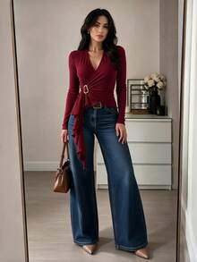 Women Casual Small V Neck Top Side Ruffle Tie For Fall Apparel Daily Commuting Going Out Dating - Burgundy - View 2