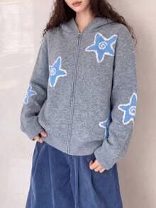 Women's Casual Autumn/Winter Hooded Cardigan Jacket With Five-Point Star Pattern - Grey - View 1