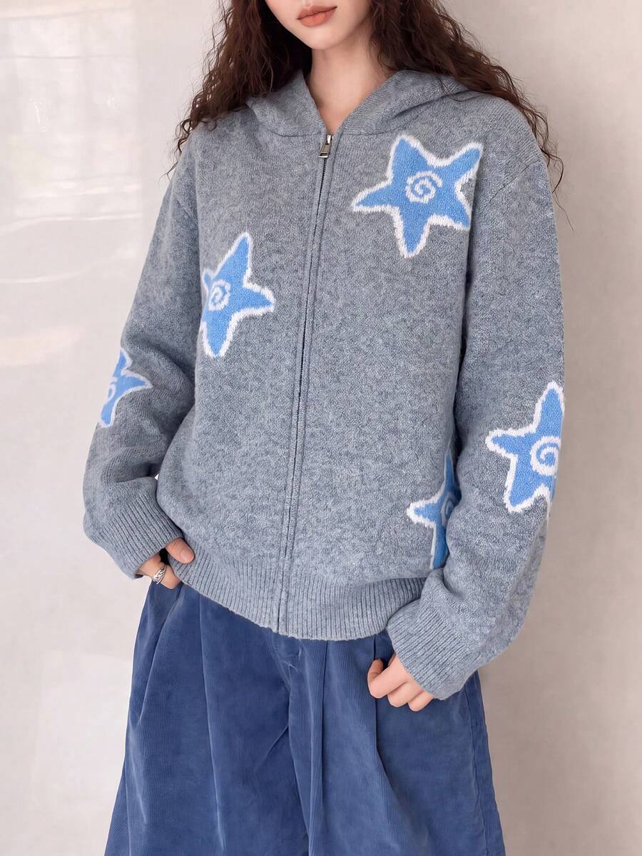 Women's Casual Autumn/Winter Hooded Cardigan Jacket With Five-Point Star Pattern - Grey - View 1