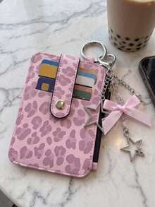 Multi‑Slot Leopard Print Card Holder With Star Bow Keychain,Mini Zipper Coin Purse,Thin Card Case Id Window,Portable Id Card Wallet Bag Charm - Multicolor - View 2
