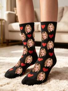 Custom Face Socks, Personalized Photo Print Crew Socks, Red Heart Pattern, Customized Gift For Boyfriend Valentine's Day Present - Black - View 4