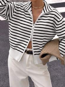 Women's Winter Streetwear Preppy Style Black & White Striped Double Zipper Cardigan Sweater Jacket - Black and White Stripes - View 8