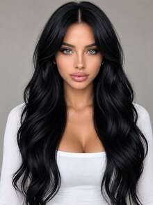 28 Inch Black Middle Part Wavy Curly Wig, Elegant Versatile Style Suitable For All Women's Daily Wear And Party Occasions. - Black - View 7