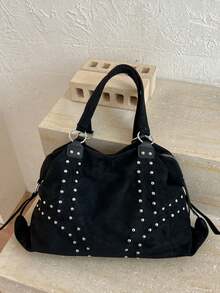 Tote Bag, Exquisite Rivet Decor, Large Capacity Design With Zipper Closure, Vintage Casual Style Shoulder Bag, Versatile For Daily Commute, Shopping, Dating, Travel, Niche Aesthetic Accessory Women's Bag - Black - View 9