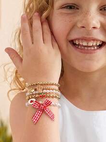 NAIZHU 5pcs Children's Sweet Bow Beaded Elastic Bracelet Set, Suitable For Daily Wear, Party, Gift - Red - View 3